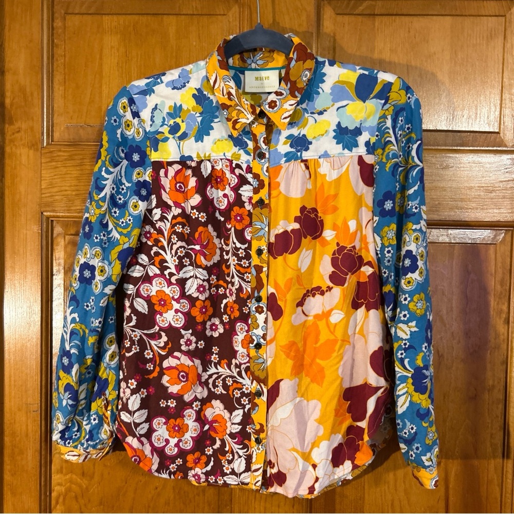 Mauve Anthropologie Colorful Floral Long Sleeve Button Down Blouse Sz PXS-EUC